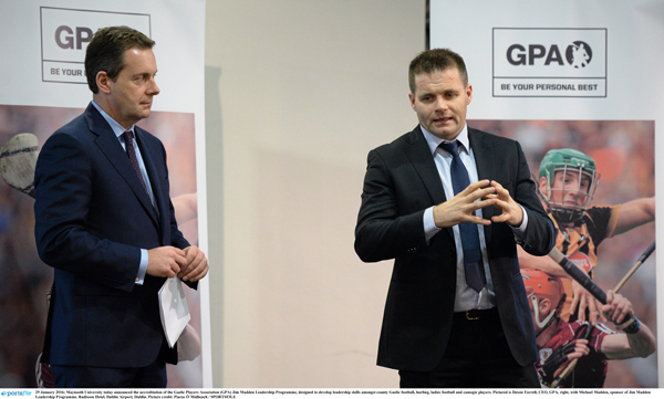 29 January 2016; Maynooth University today announced the accreditation of the Gaelic Players Association (GPA) Jim Madden Leadership Programme, designed to develop leadership skills amongst county Gaelic football, hurling, ladies football and camogie players. Pictured is Dessie Farrell, CEO, GPA, right, with Michael Madden, sponsor of Jim Madden Leadership Programme. Radisson Hotel, Dublin Airport, Dublin. Picture credit: Piaras Ó Mídheach / SPORTSFILE