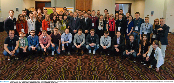 29 January 2016; The 2015 and 2016 classes of the Jim Madden Leadership Programme pictured with Michael Madden, sponsor, and Dessie Farrell, CEO, GPA. Maynooth University announced the accreditation of the Programme today, designed to develop leadership skills amongst county Gaelic football, hurling, ladies football and camogie players. Radisson Hotel, Dublin Airport, Dublin. Picture credit: Piaras Ó Mídheach / SPORTSFILE